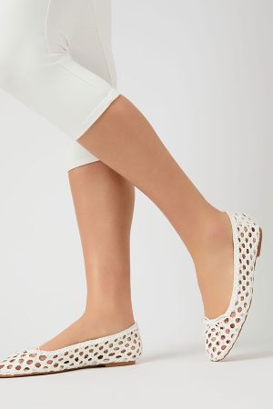 Alundra White Pu Woven Bow Detail Ballet Pump Flats