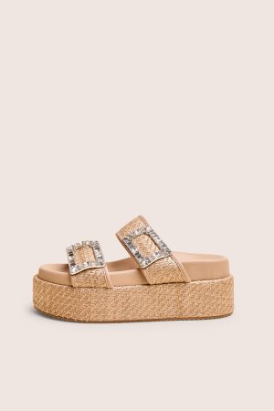 Bettie Natural Rattan Diamante Buckle Detail Flatform Slider Sandals