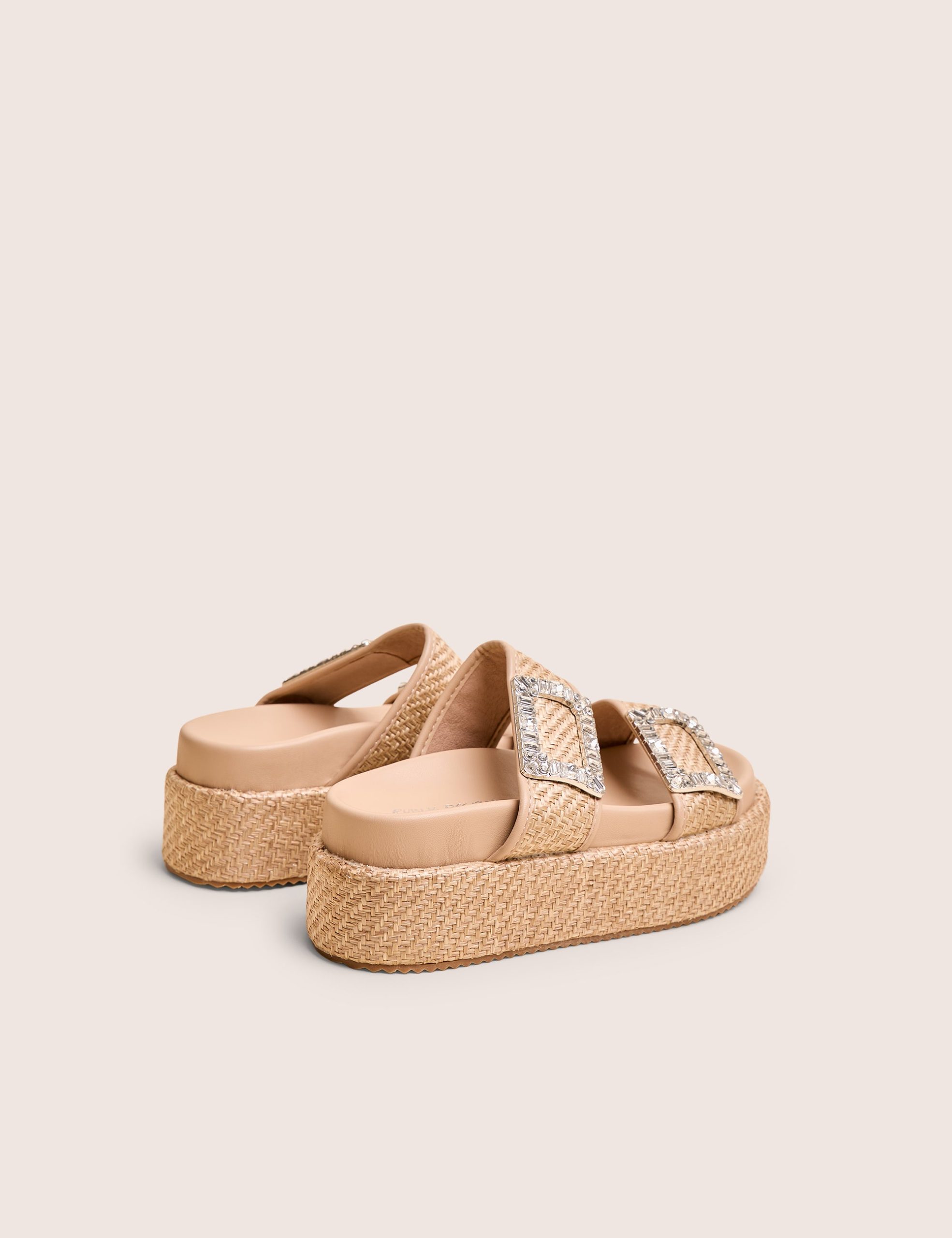 Bettie Natural Rattan Diamante Buckle Detail Flatform Slider Sandals - Image 3