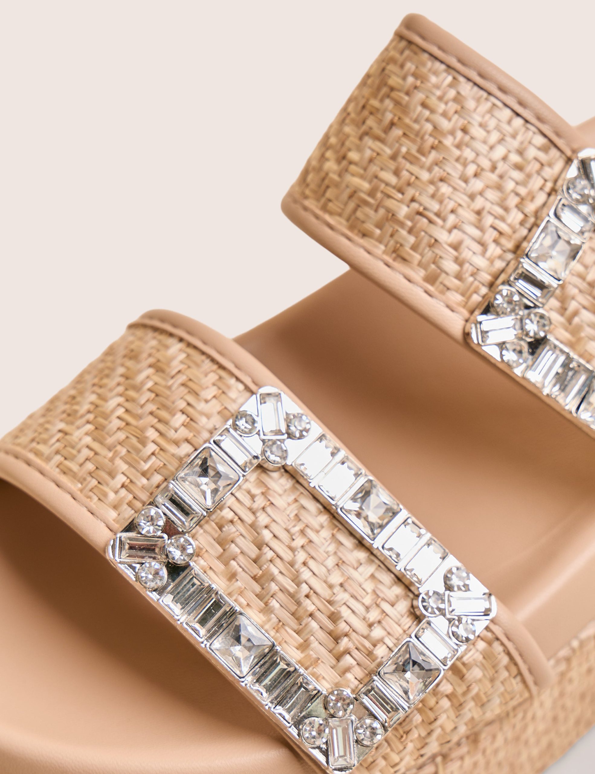 Bettie Natural Rattan Diamante Buckle Detail Flatform Slider Sandals - Image 4