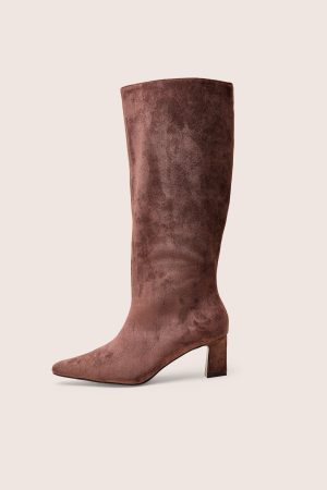 Boomer Brown Suedette Pointed Toe Knee High Mid Heel Boots
