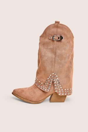 Dalton Tan Fold Over Suede Studded Western Ankle Boots