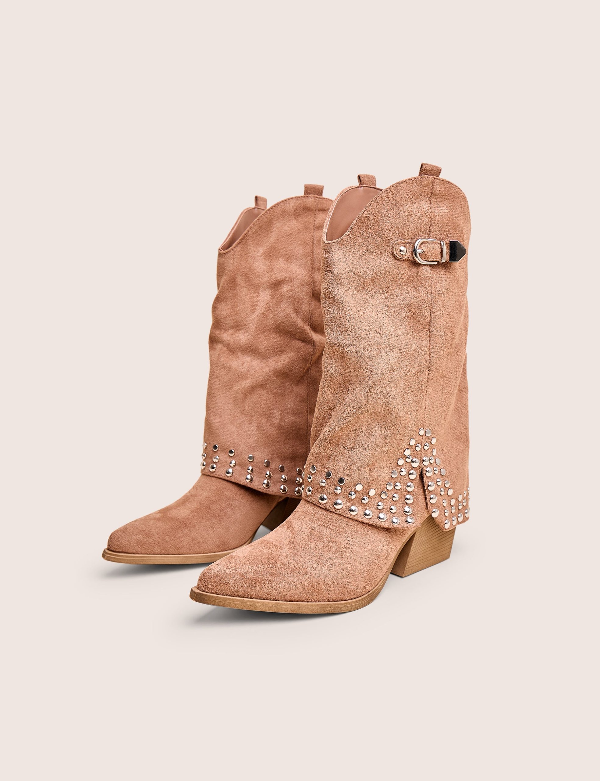 Dalton Tan Fold Over Suede Studded Western Ankle Boots - Image 2