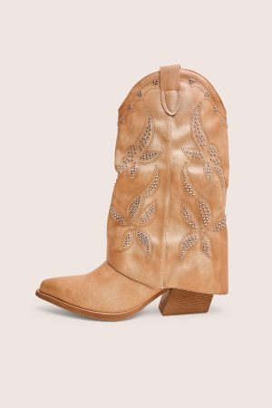 Dixie Tan Fold Over Studded Western Ankle Boots