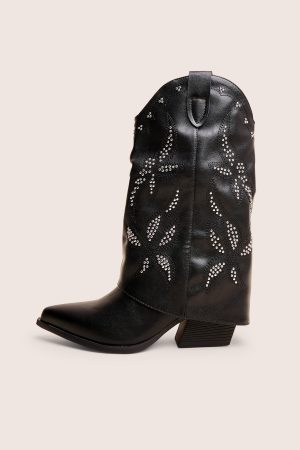 Dixie Black Fold Over Studded Western Ankle Boots