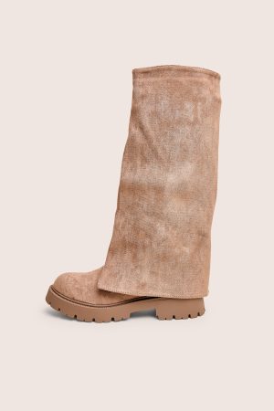 Dusty Beige Chunky Sole Faux Suede Fold Over Boots