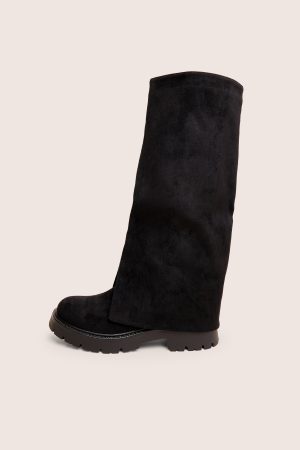 Dusty Black Chunky Sole Faux Suede Fold Over Boots