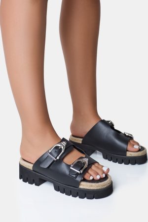 Equinox Black Chunky Jute Detail Buckle Flatform Sandals