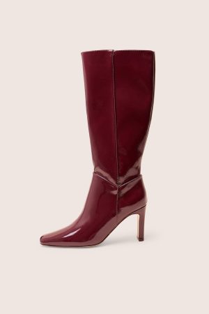 Pose Burgundy Hi Shine Zip Up Knee High Slim Block Heeled Boots