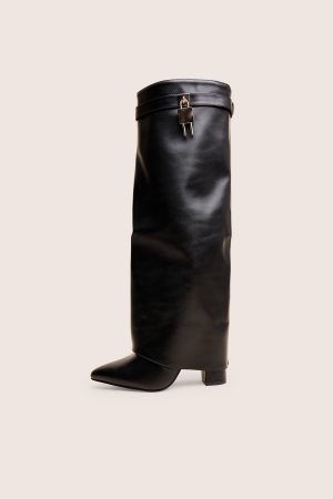 Reese Black Fold Over Pu Knee High Boots
