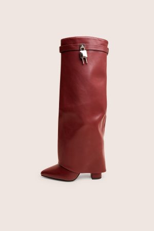 Reese Burgundy Fold Over Pu Knee High Boots