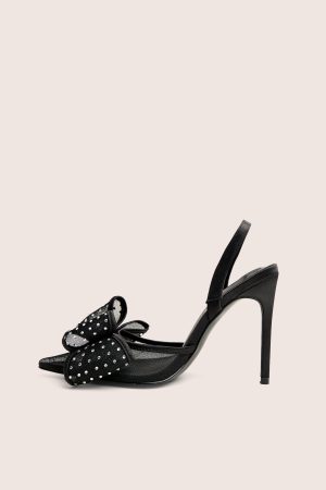 Trisha Black Mesh Bow Diamante Detail Sling Back Court Heels
