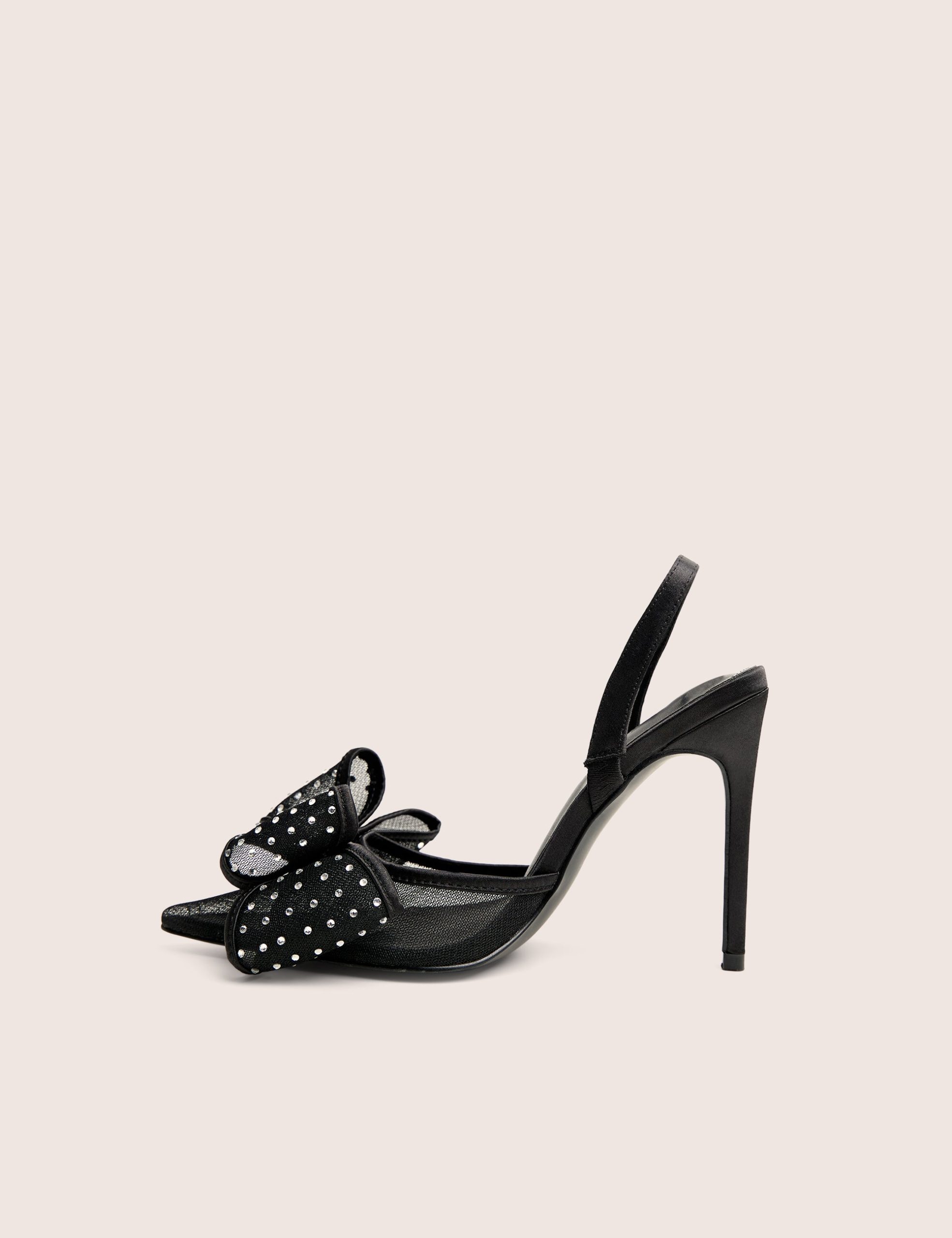Trisha Black Mesh Bow Diamante Detail Sling Back Court Heels