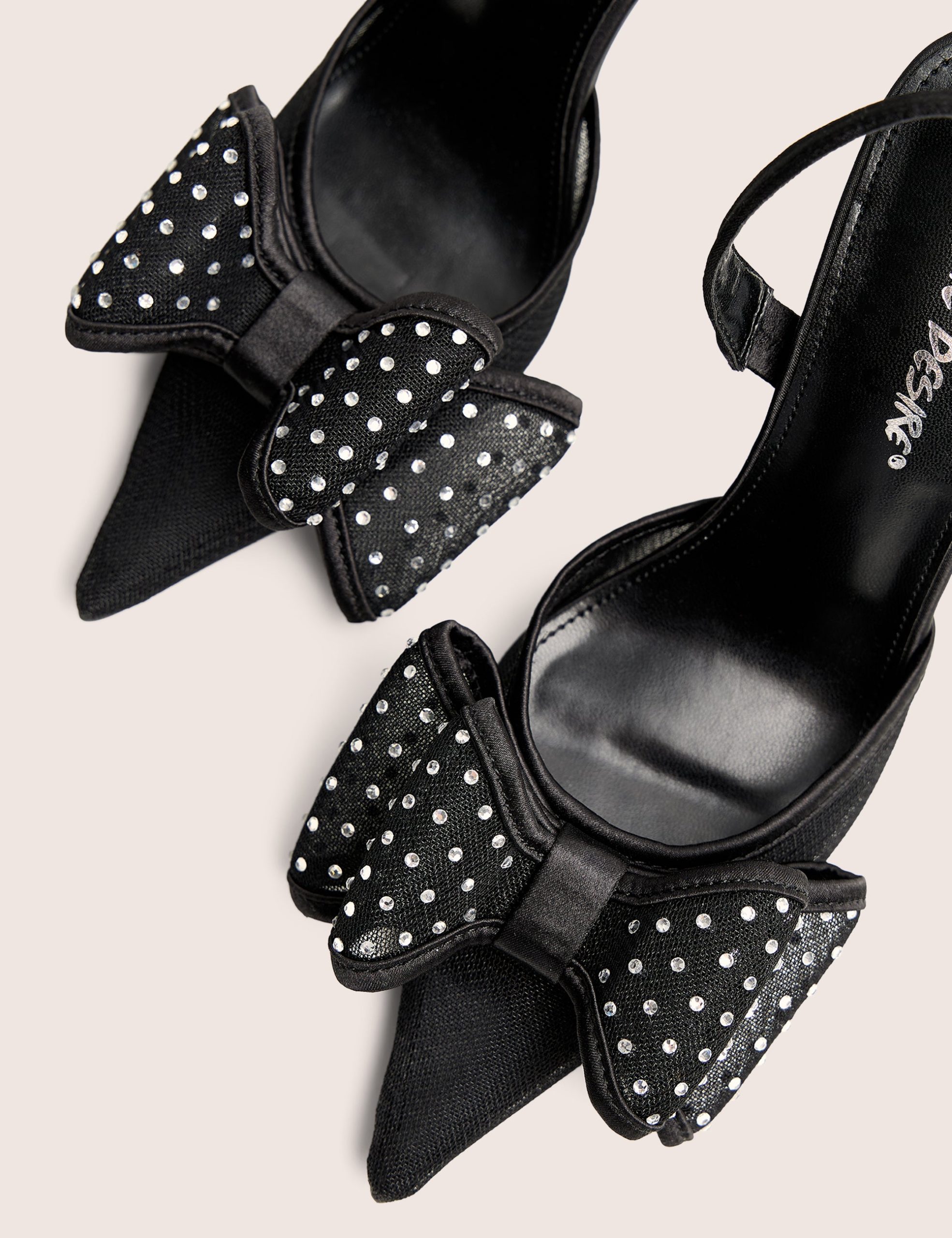 Trisha Black Mesh Bow Diamante Detail Sling Back Court Heels - Image 6